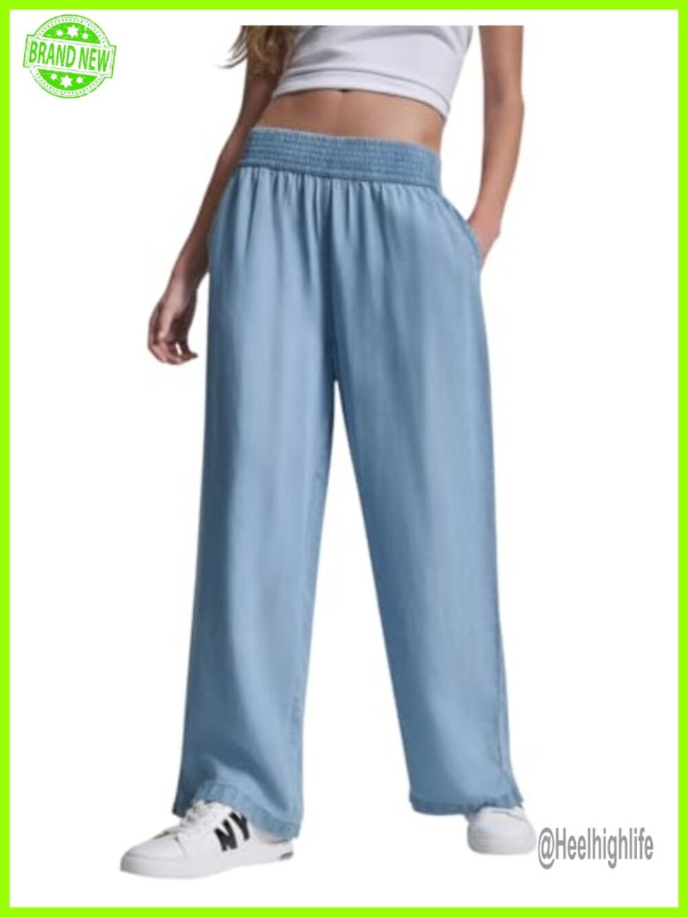 Smocked High Rise Wide Leg Ankle Jeans Pull On Slim Fit